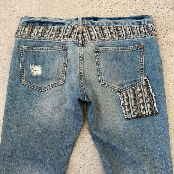Free People Distressed Skinny Jeans with Baja / Aztec Patches - Picture 4 of 7